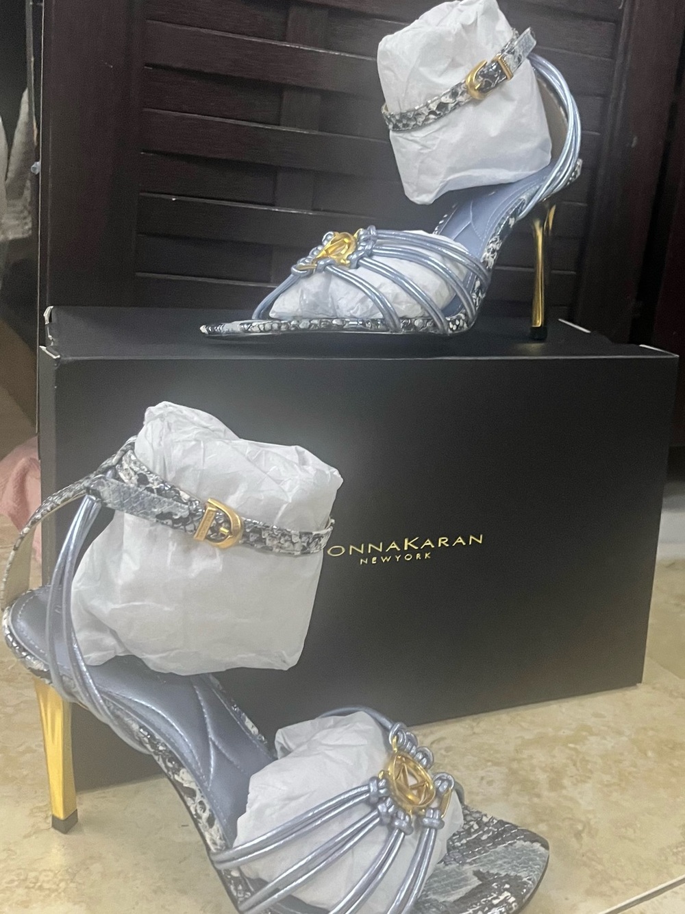 Metallic Light Blue Strappy High Heel Sandal with Gold Accent - Picture 4 of 5